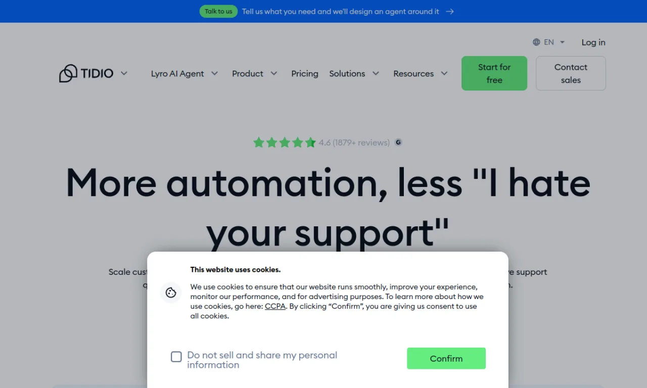 Screenshot of Tidio website