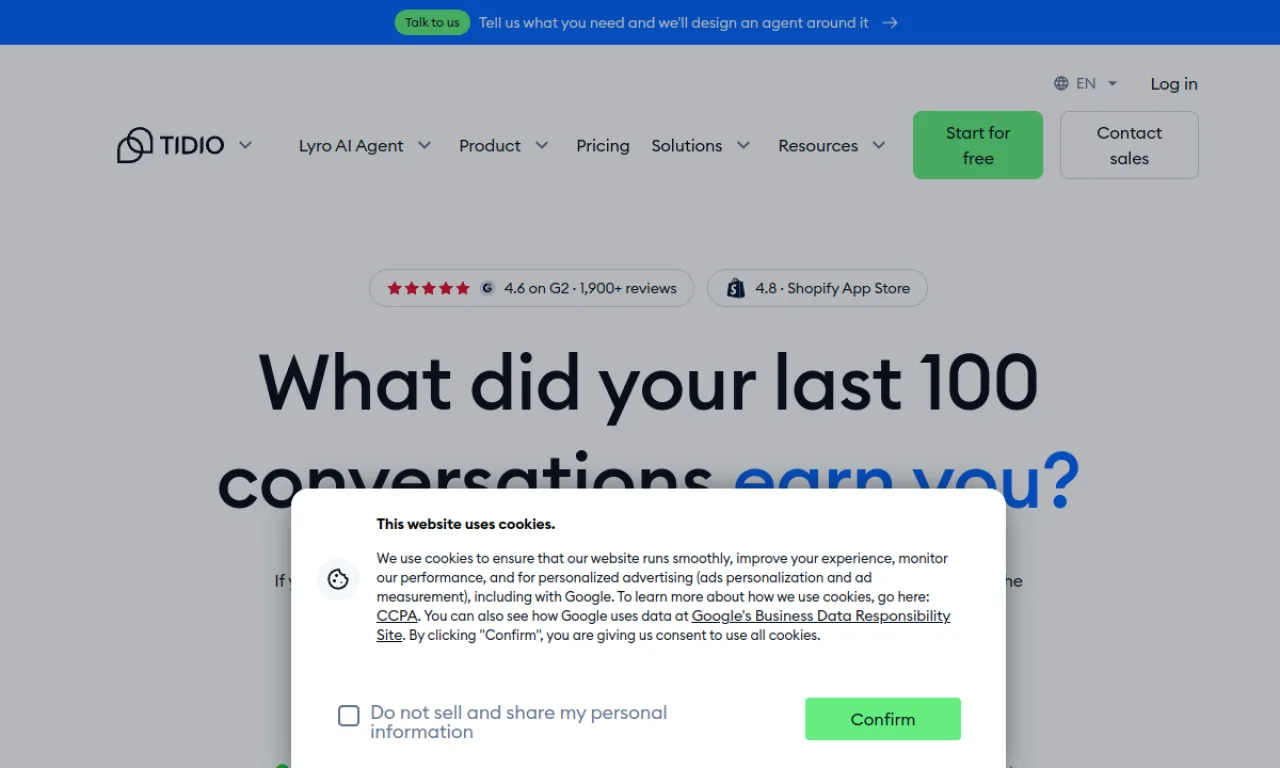 Screenshot of Tidio website
