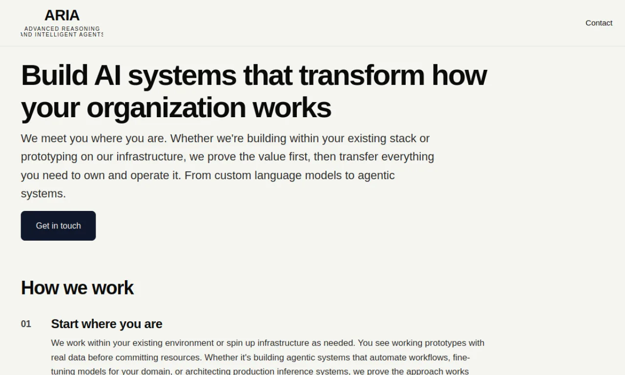 Screenshot of Aria website