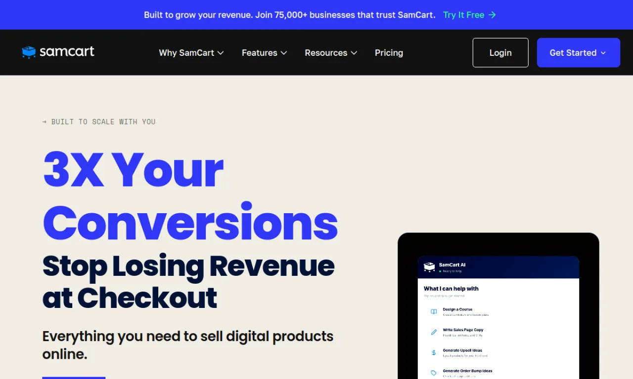 Screenshot of ThriveCart / SamCart website