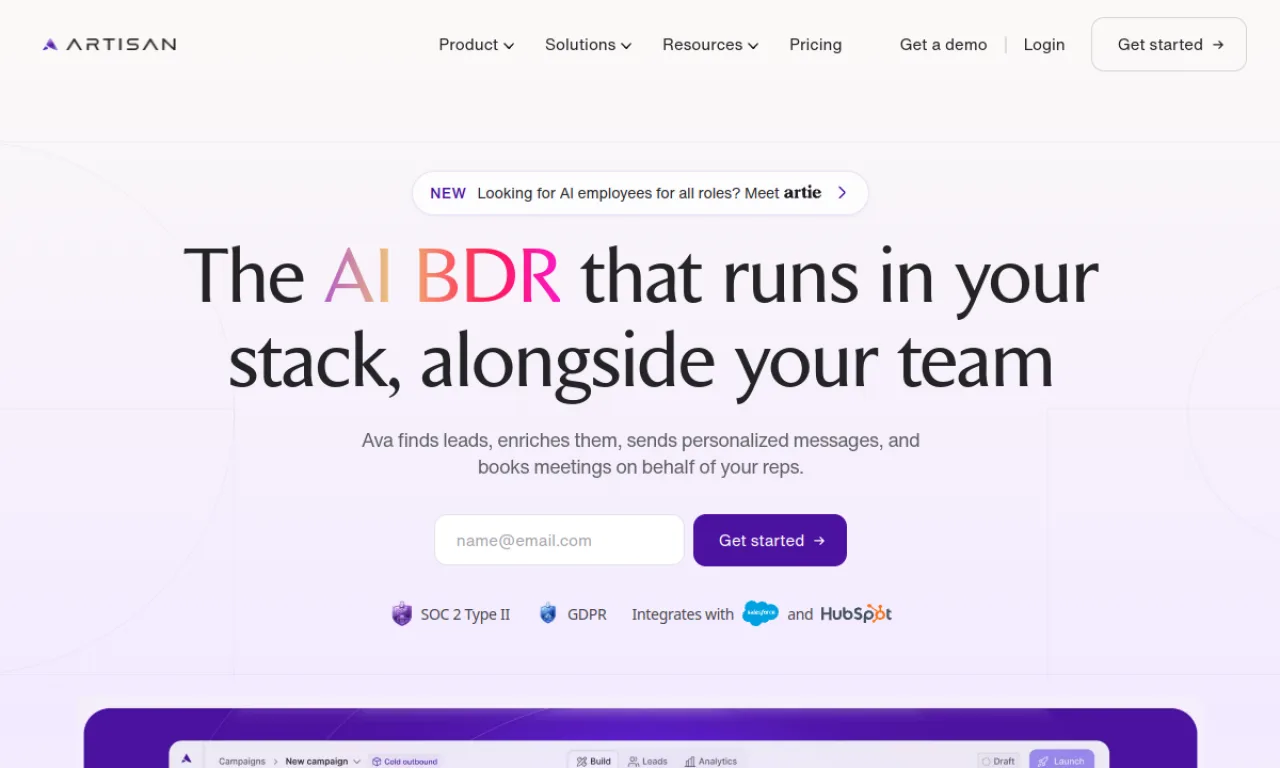 Screenshot of Artisan (Ava) website
