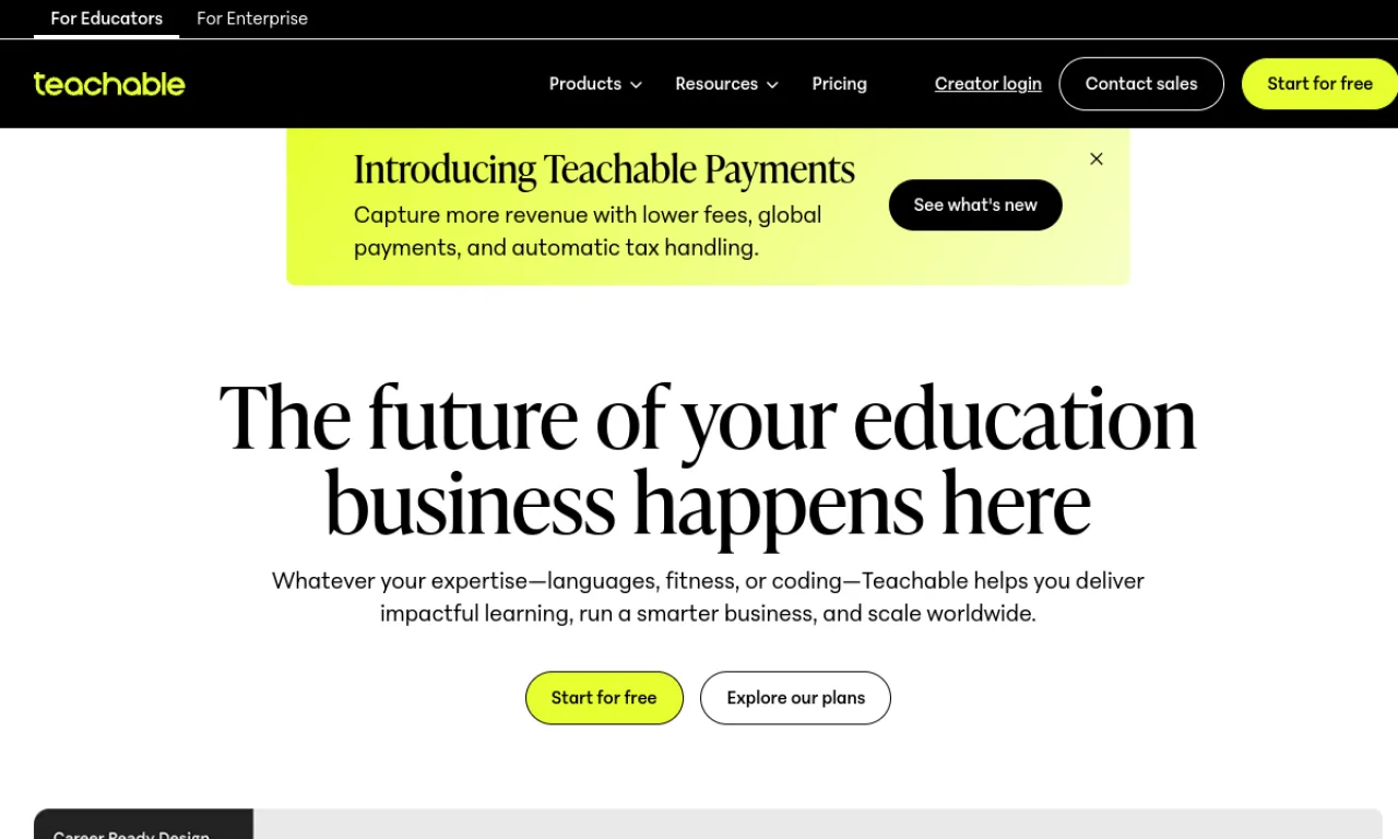 Screenshot of Teachable website