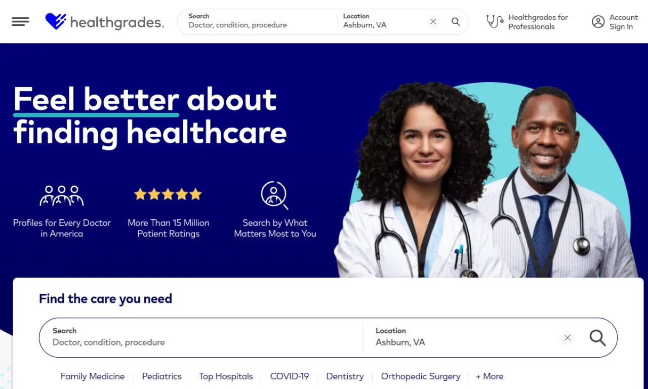 Screenshot of Healthgrades / RevSpring website