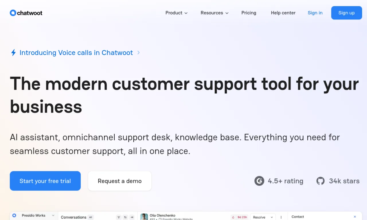 Screenshot of Chatwoot website