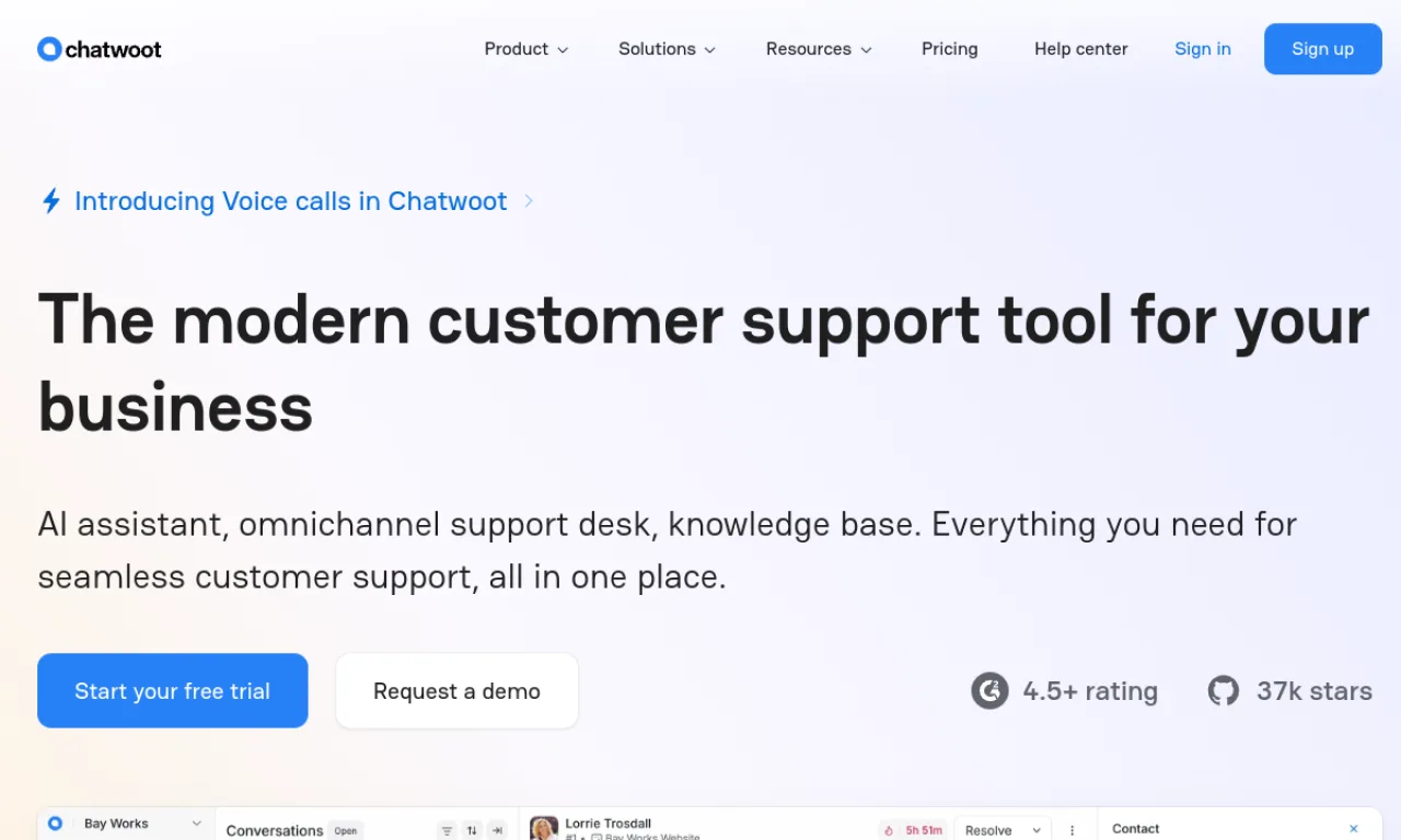 Screenshot of Chatwoot website