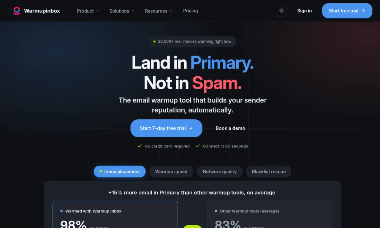 Screenshot of Warmupinbox website
