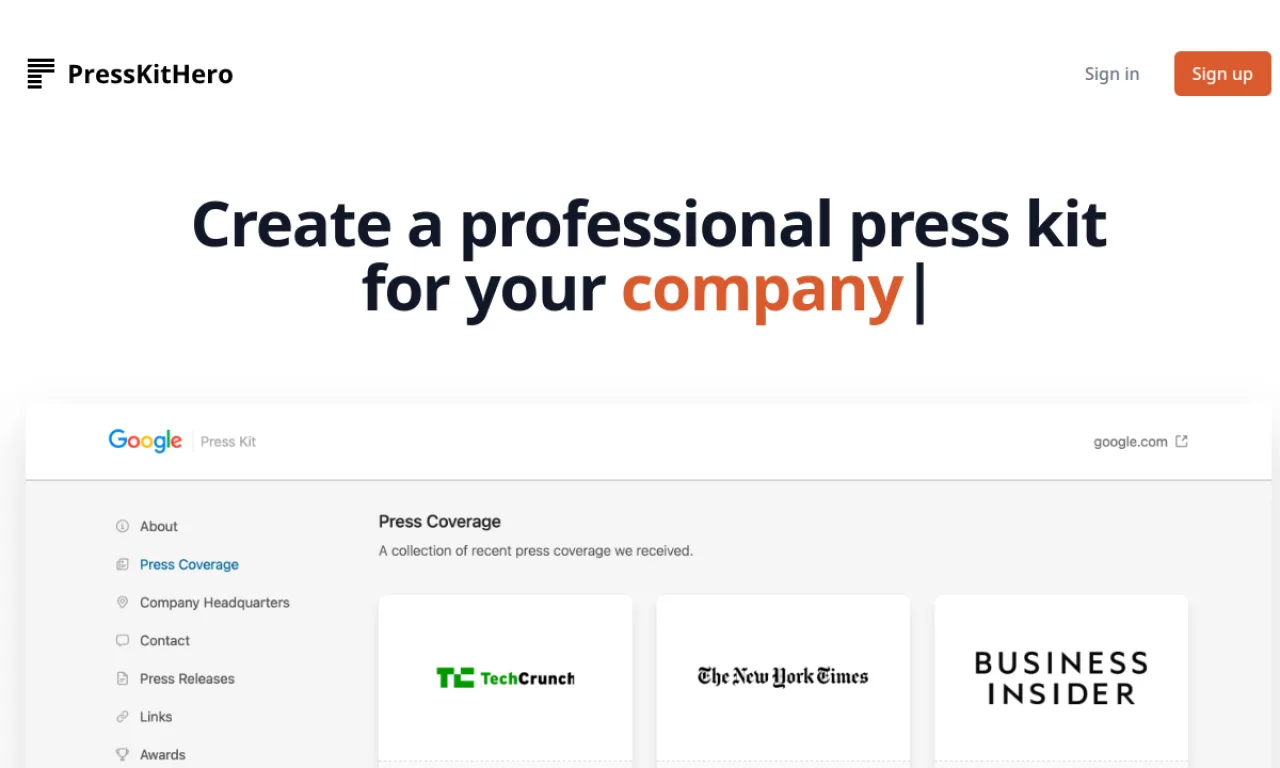 Screenshot of PressKitHero website