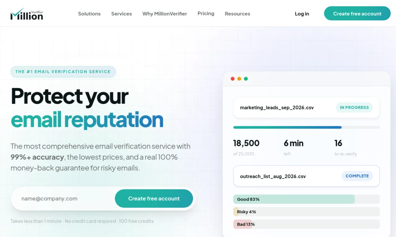 Screenshot of Million Verifier website