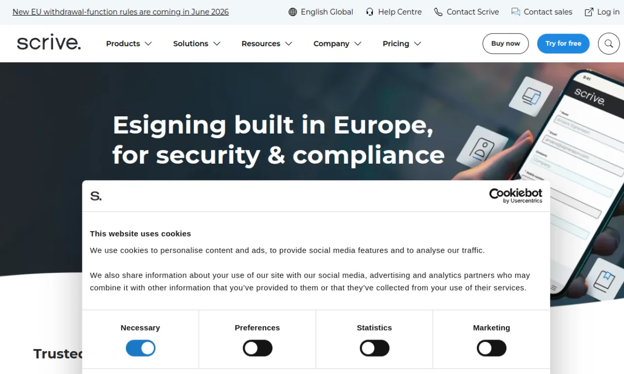 Screenshot of Scrive website