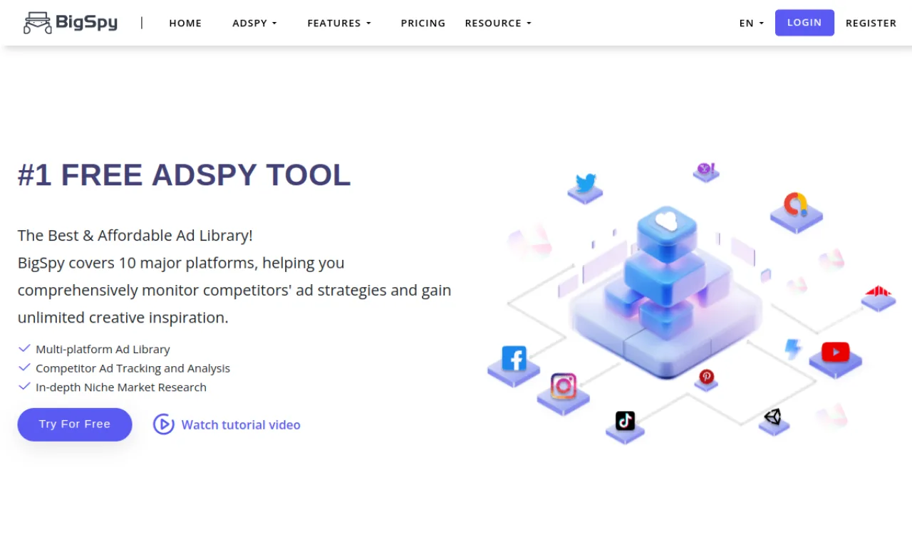 Screenshot of AdLibrary tools / BigSpy website