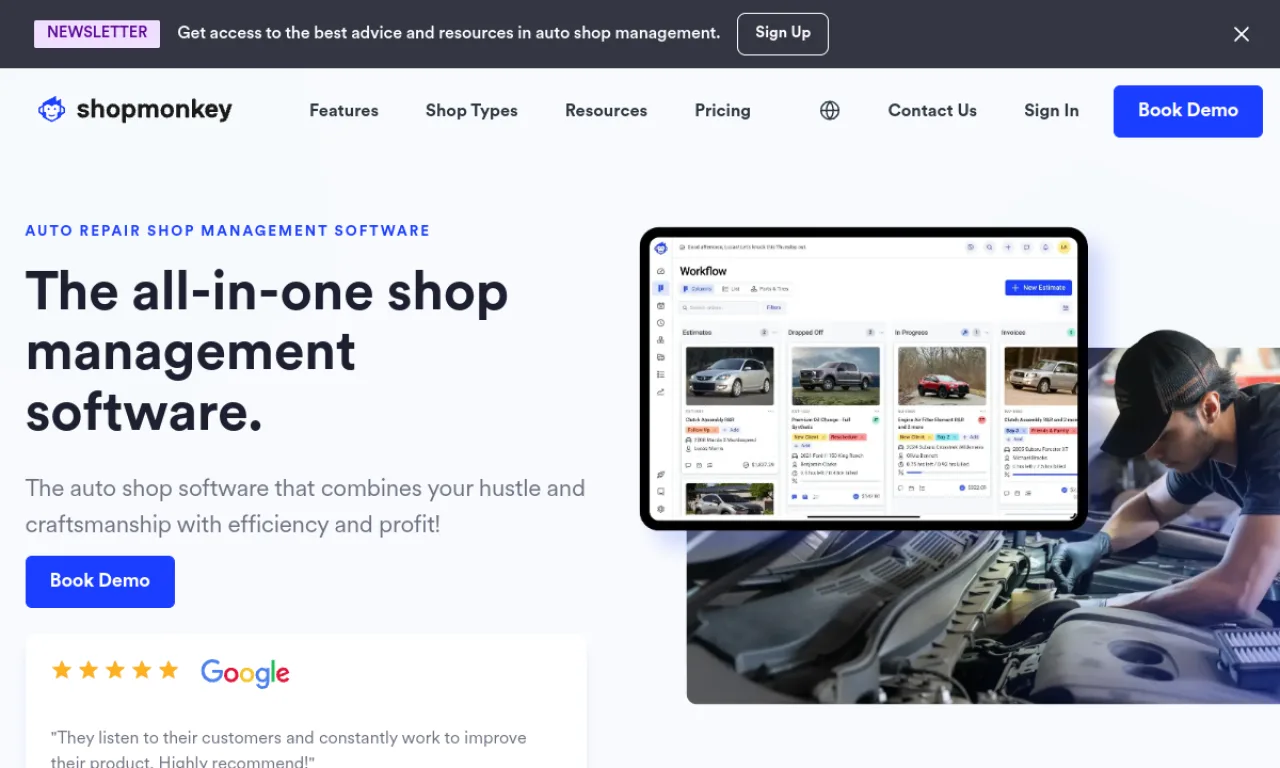 Screenshot of ShopMonkey website