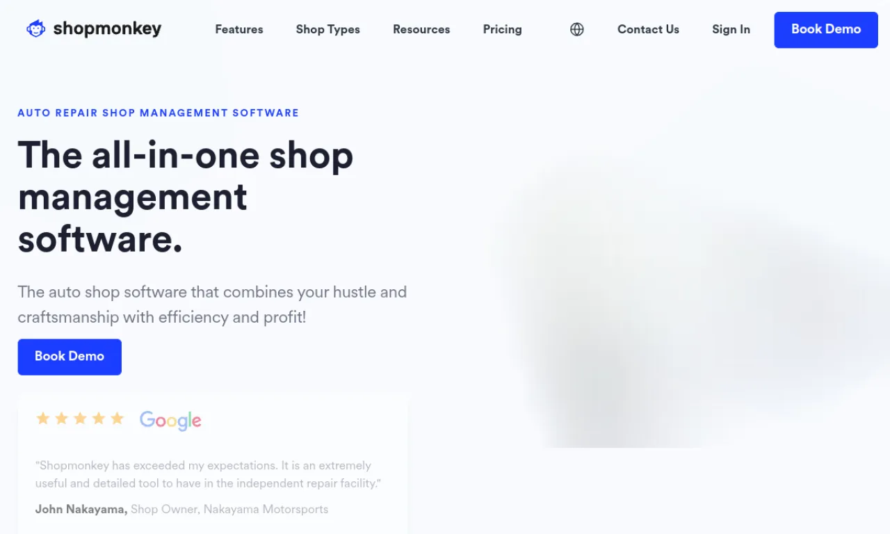 Screenshot of ShopMonkey website