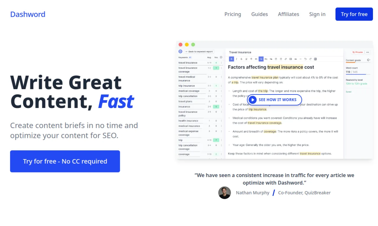 Screenshot of Dashword website