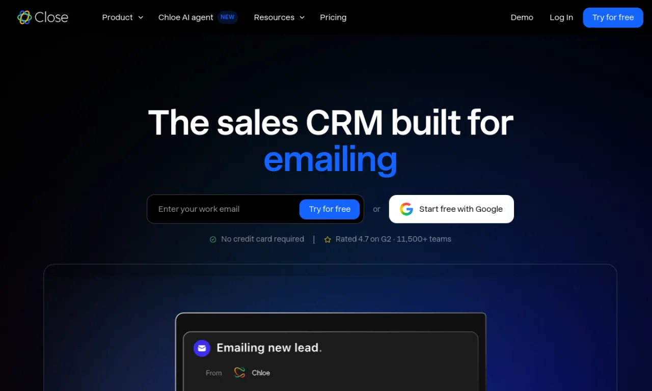 Screenshot of Close CRM website