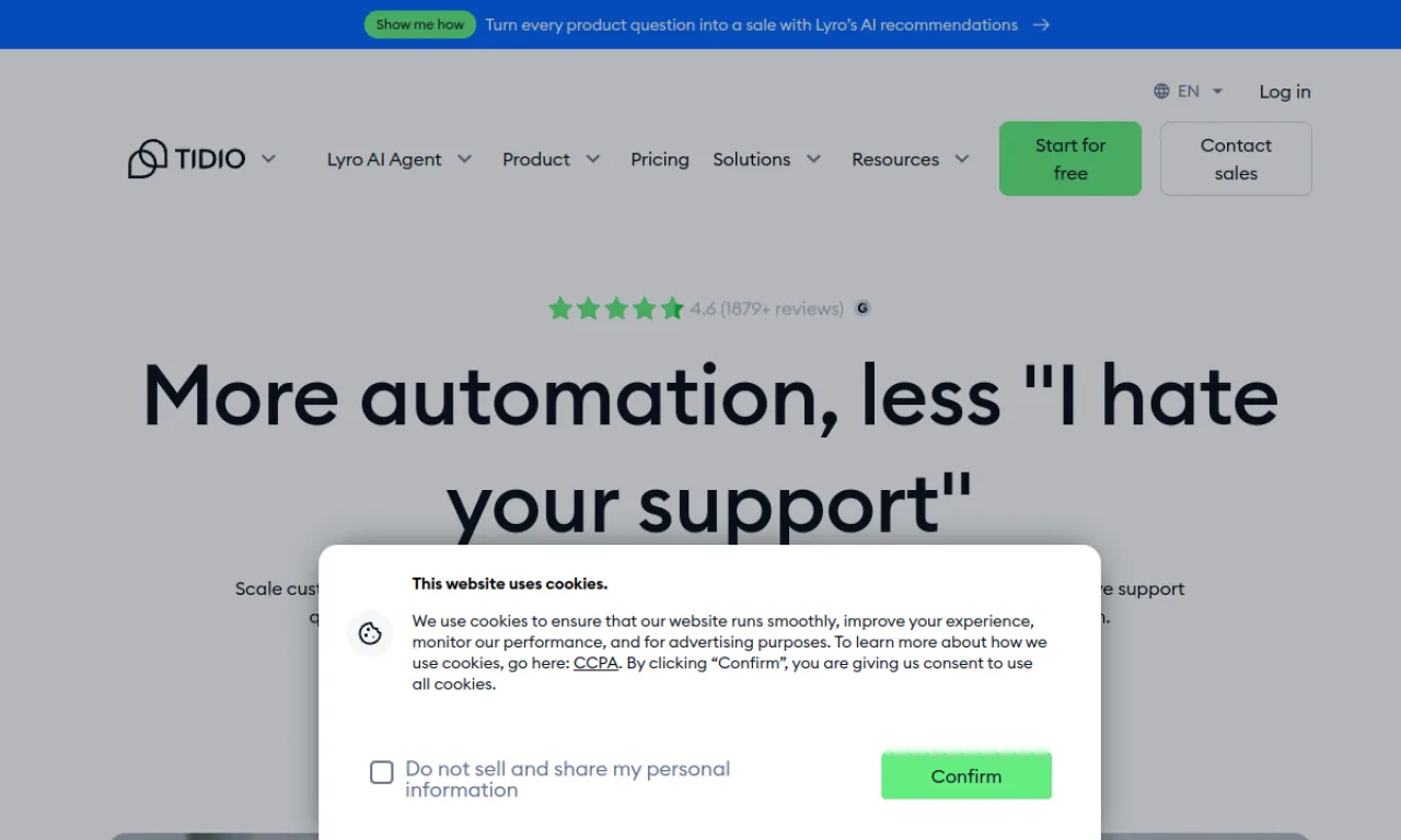 Screenshot of Gorgias Convert / Tidio website
