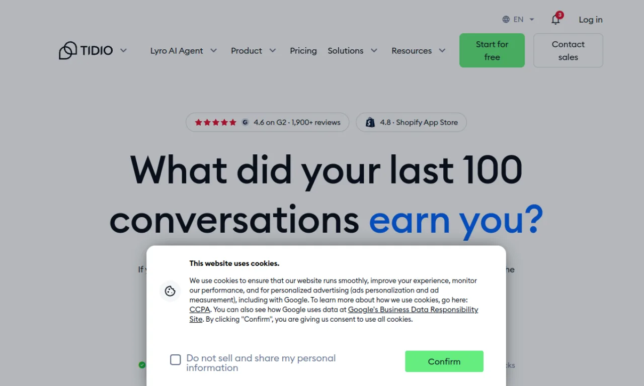 Screenshot of Gorgias Convert / Tidio website