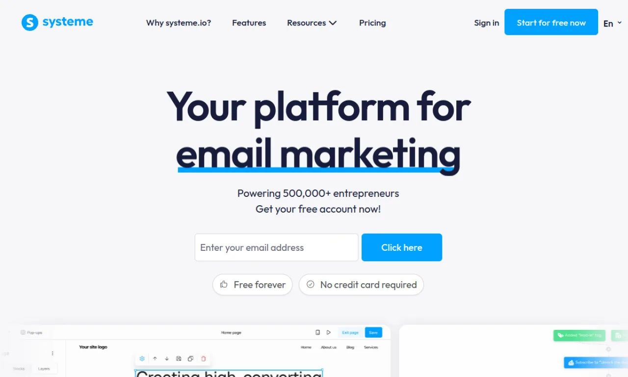 Screenshot of Systeme.io website