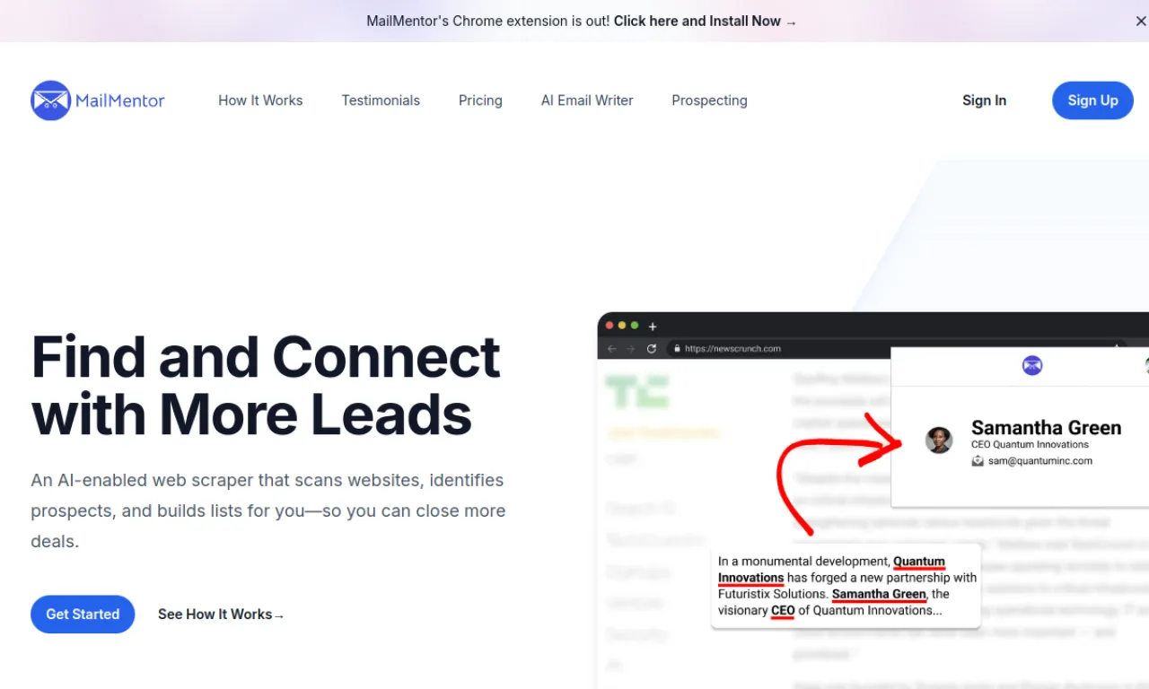 Screenshot of MailMentor website