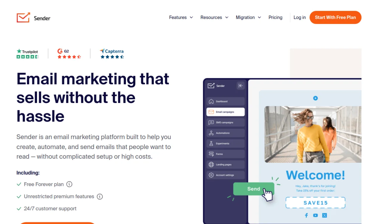 Screenshot of Sender.net website