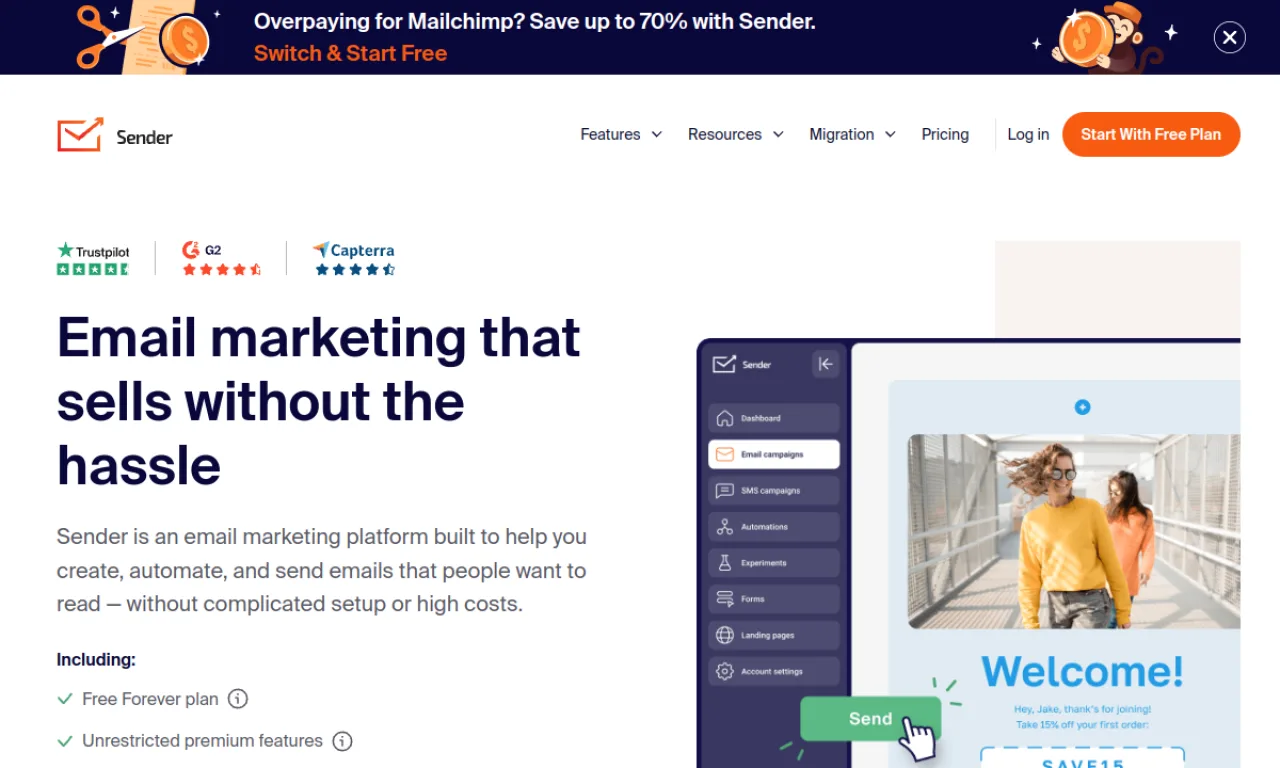 Screenshot of Sender.net website