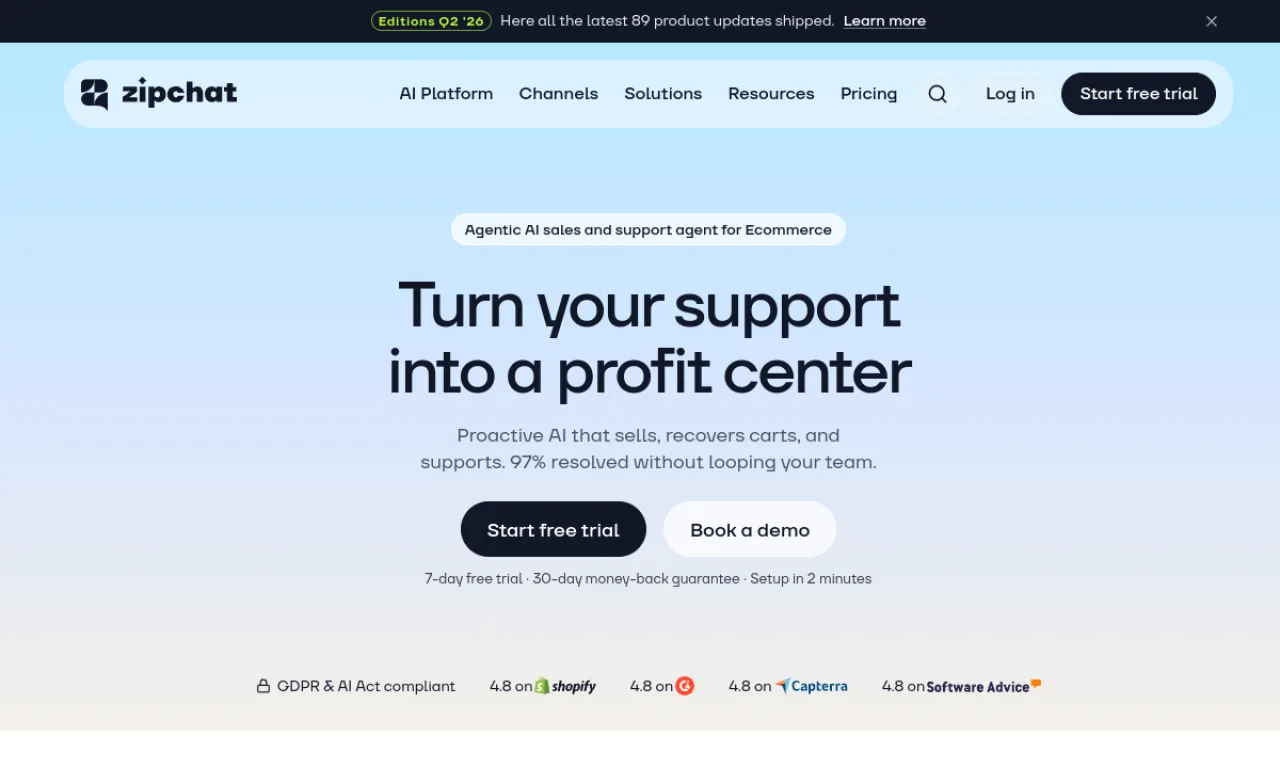 Screenshot of Zipchat website