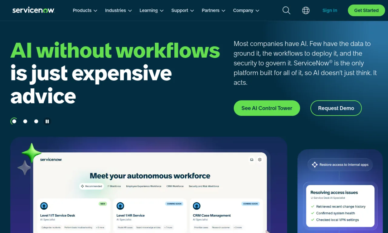 Screenshot of ServiceNow CSM website