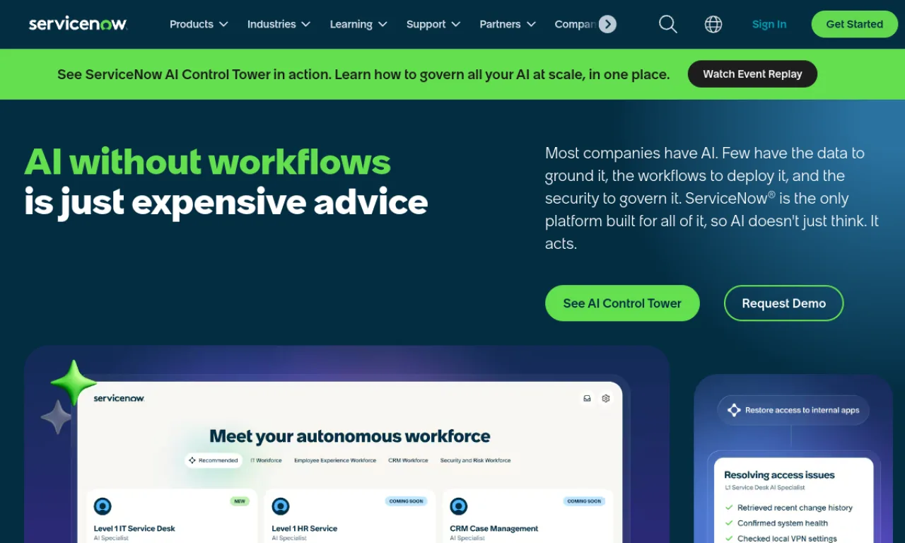 Screenshot of ServiceNow CSM website