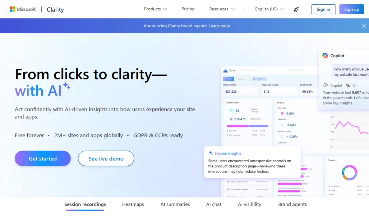 Screenshot of Microsoft Clarity website