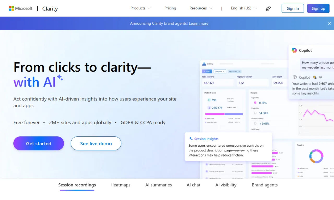 Screenshot of Microsoft Clarity website