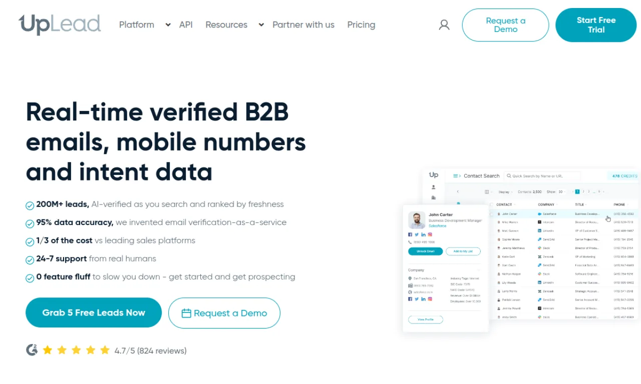 Screenshot of UpLead website