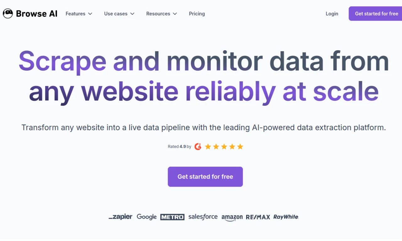Screenshot of Browse AI Robots website