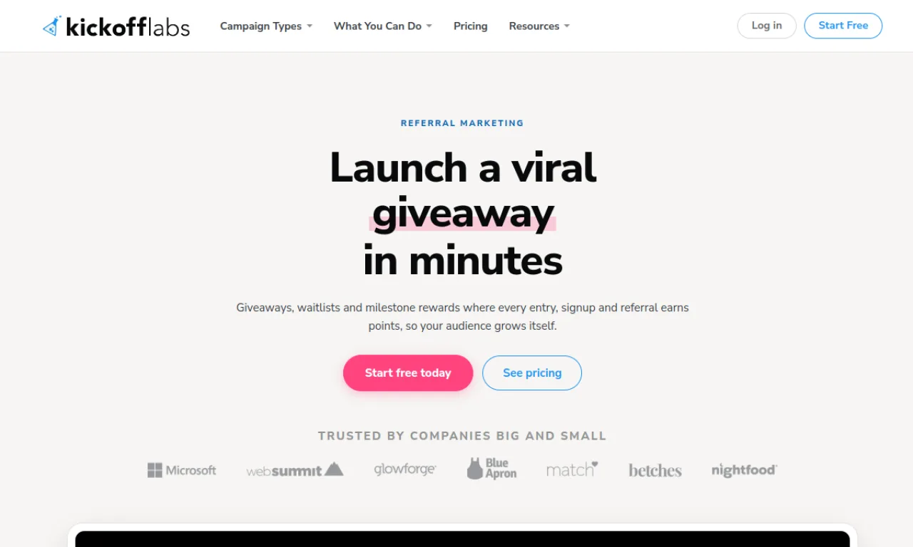 Screenshot of KickoffLabs website