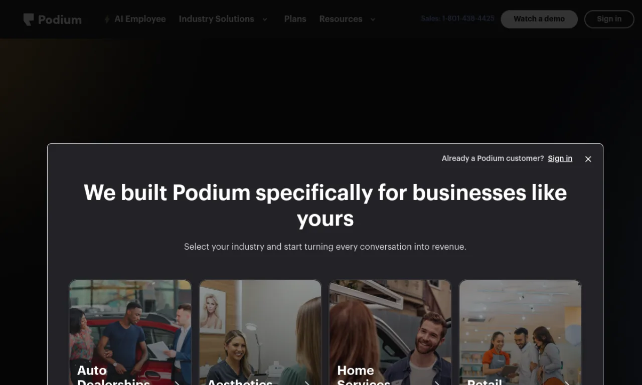 Screenshot of Podium (services) website