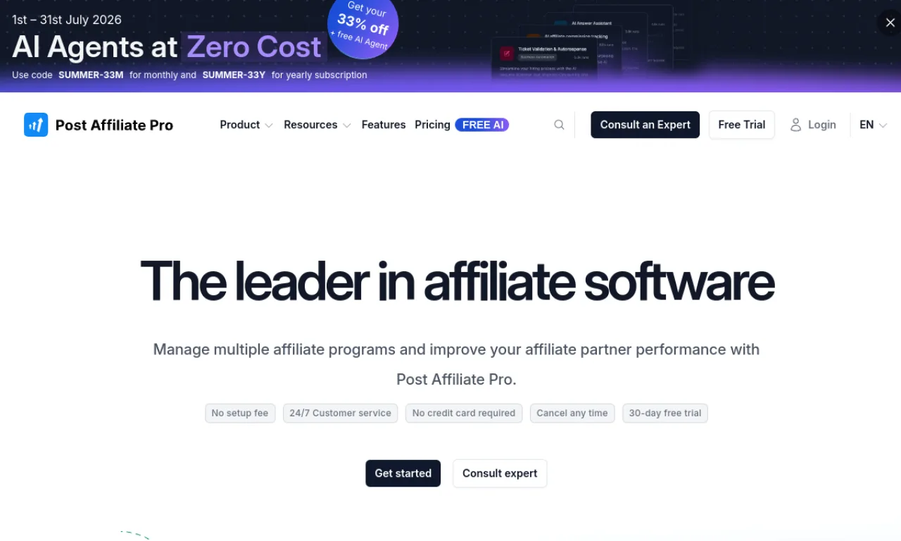 Screenshot of Post Affiliate Pro website