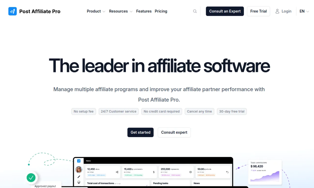 Screenshot of Post Affiliate Pro website