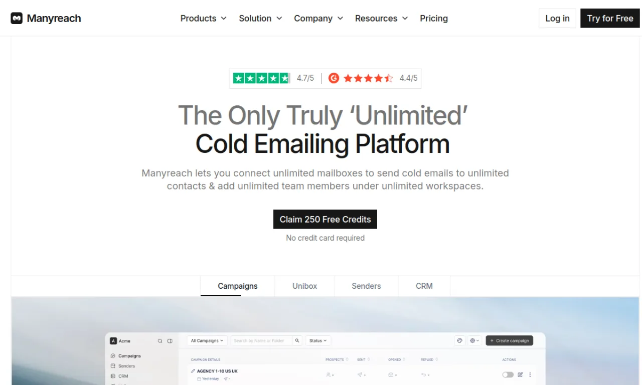 Screenshot of Manyreach website