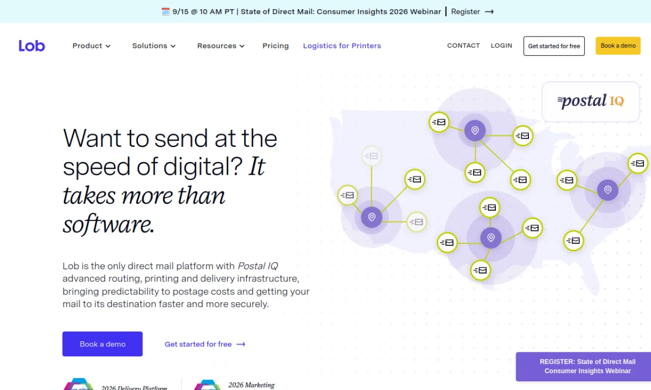 Screenshot of Lob Direct Mail website