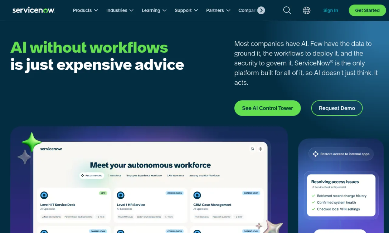 Screenshot of ServiceNow website