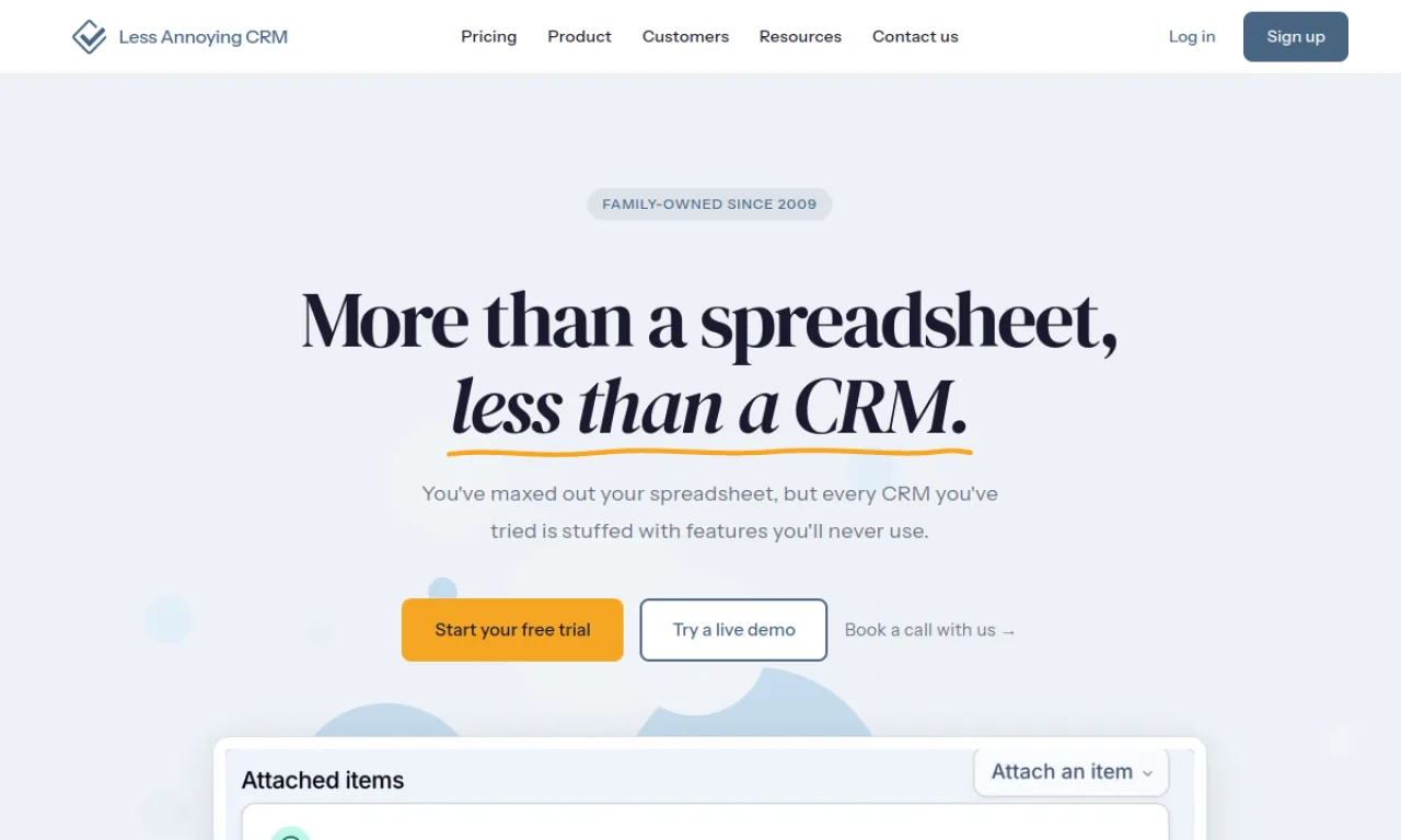Screenshot of Less Annoying CRM website
