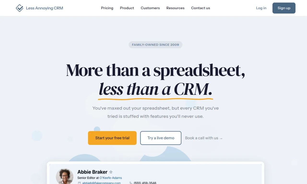 Screenshot of Less Annoying CRM website