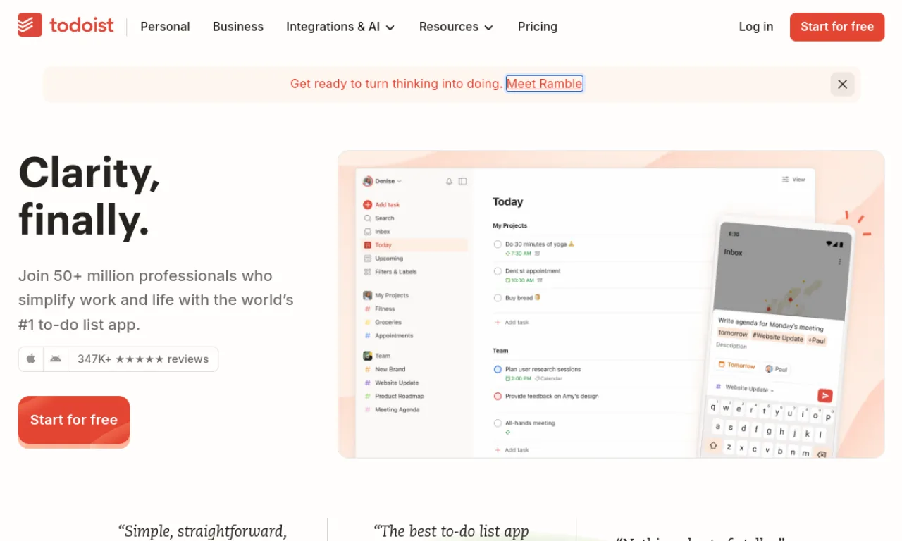Screenshot of Todoist website