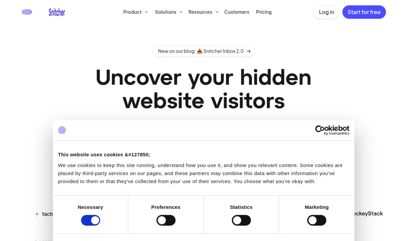 Screenshot of Snitcher website