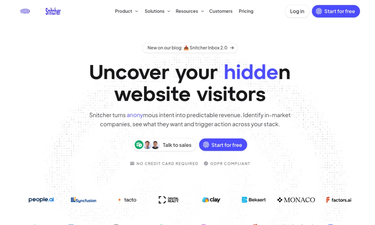 Screenshot of Snitcher website