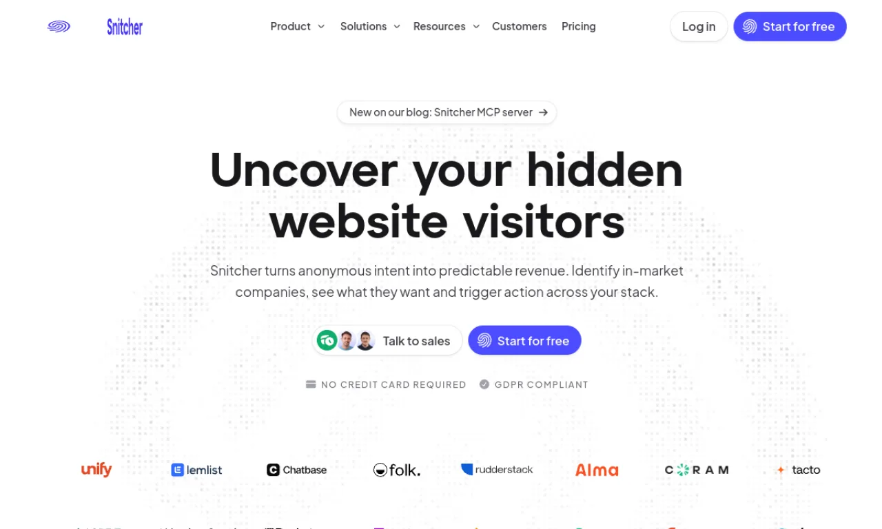 Screenshot of Snitcher website