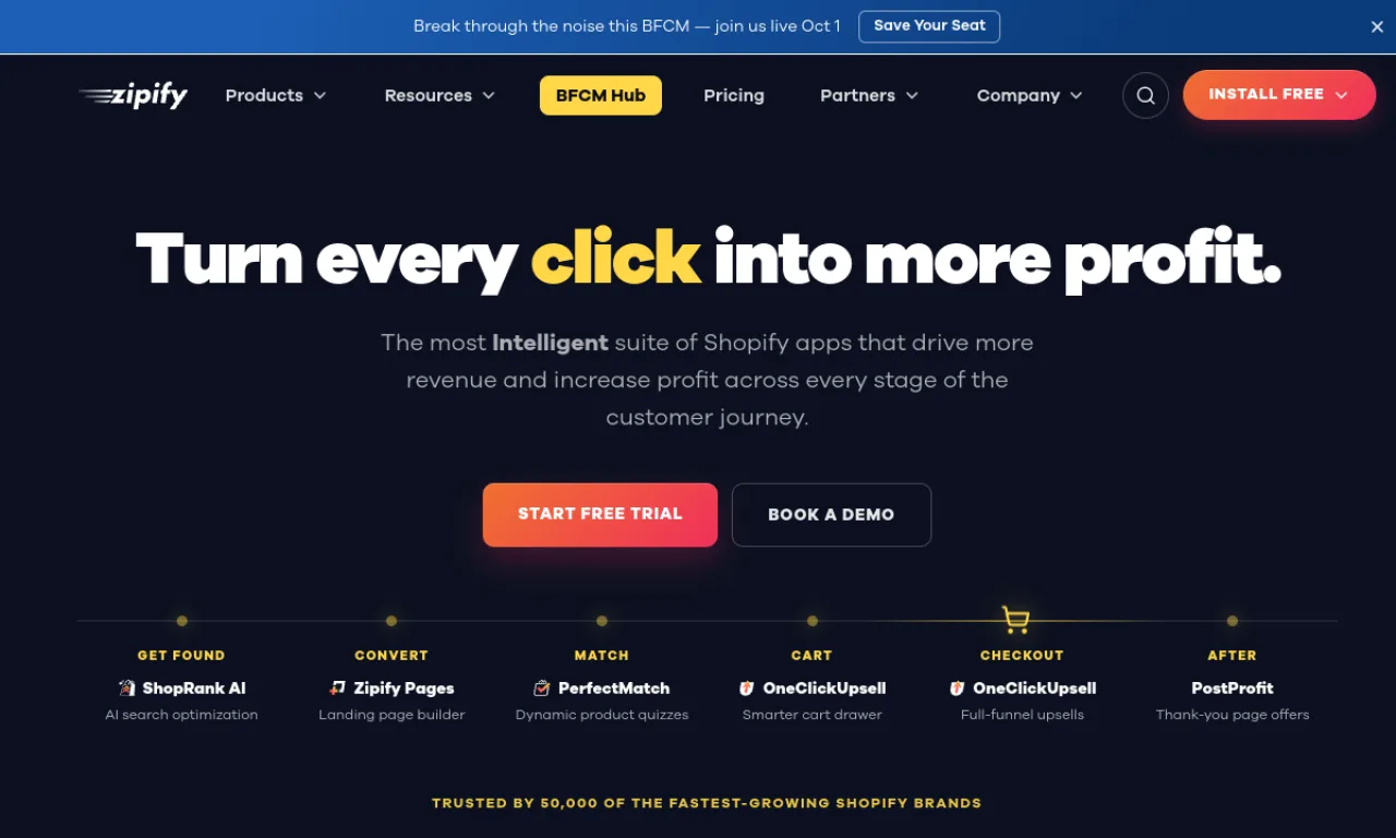 Screenshot of Zipify (OneClickUpsell) website