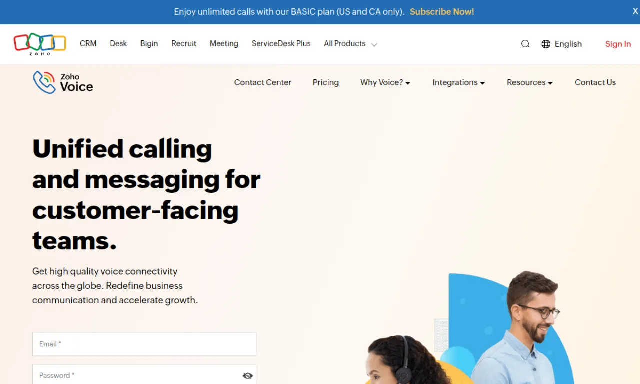 Screenshot of Zoho Voice website