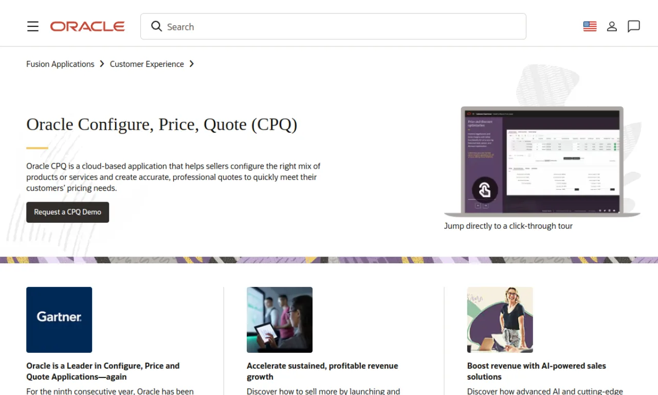 Screenshot of Oracle CPQ website