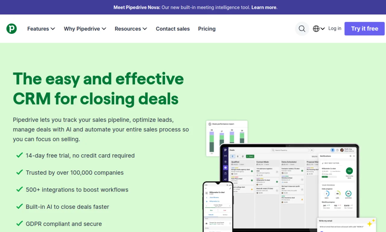 Screenshot of Pipedrive website