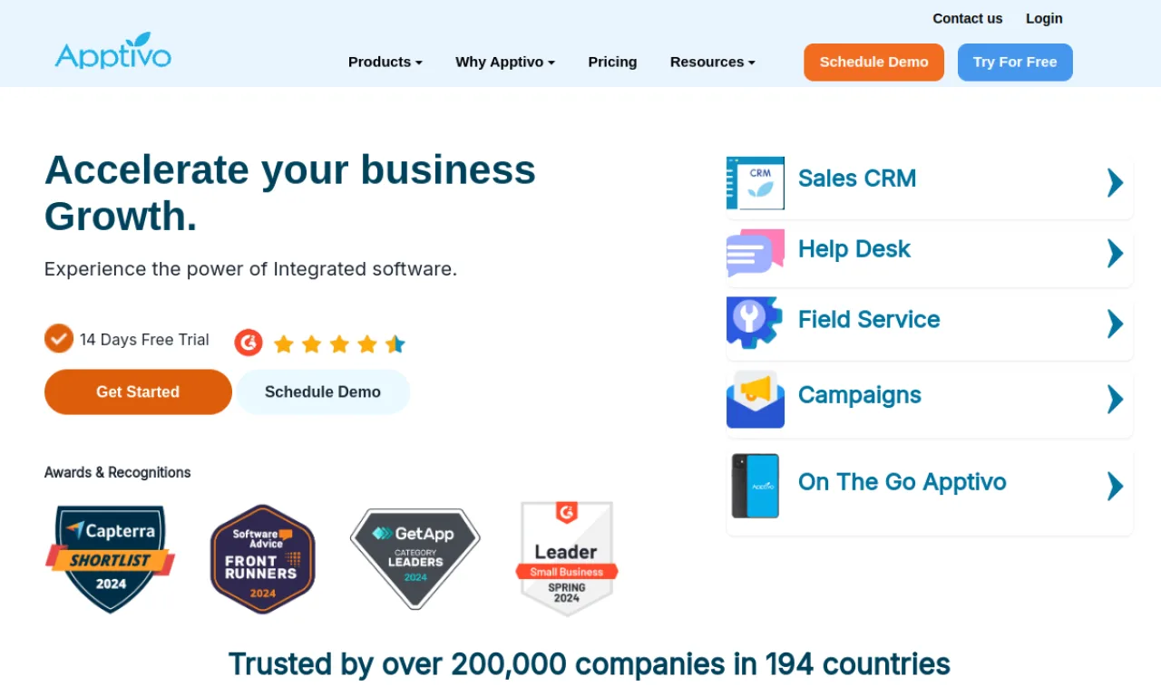 Screenshot of Apptivo website