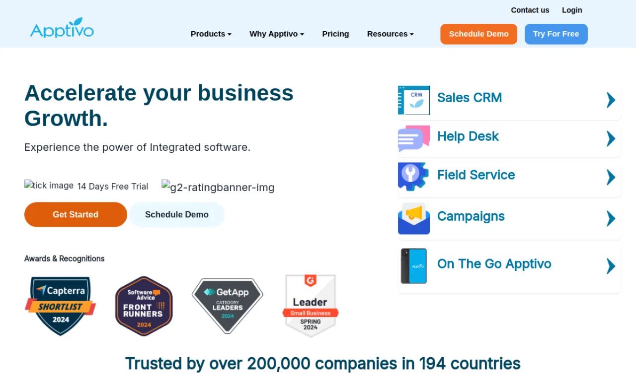 Screenshot of Apptivo website
